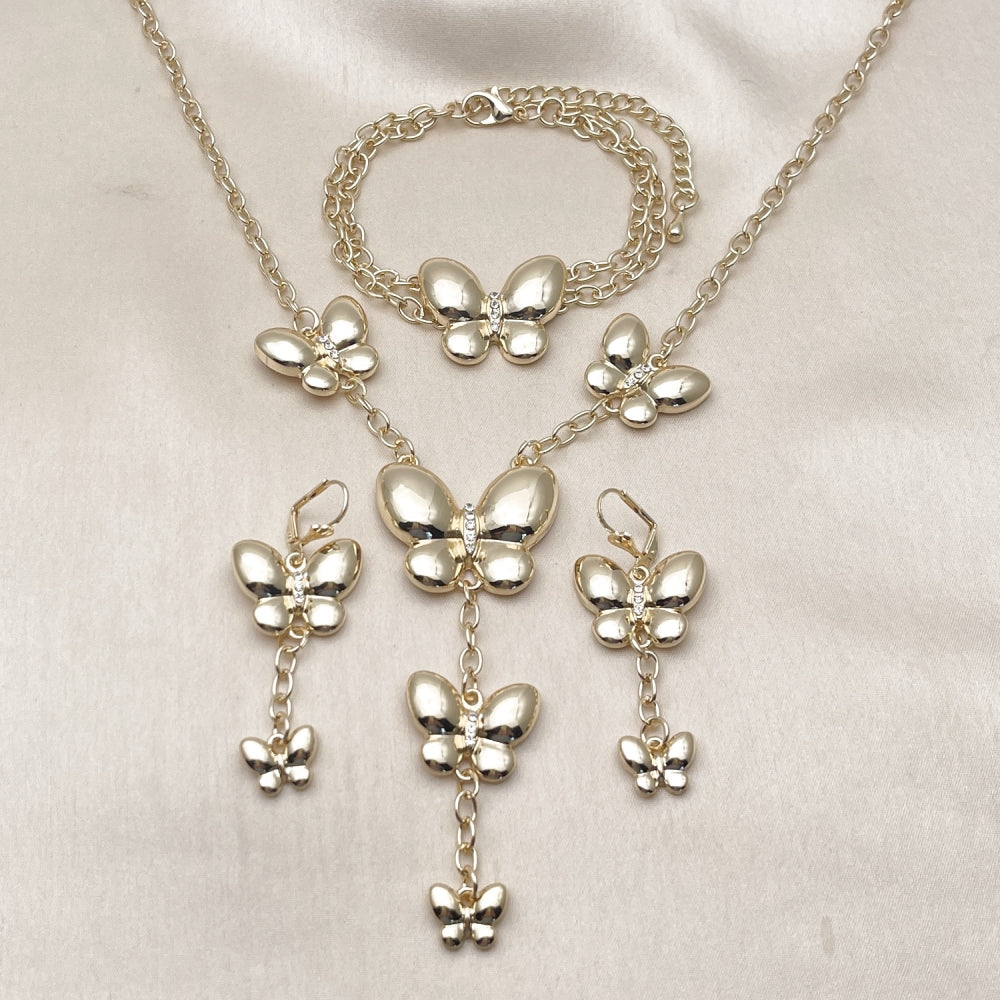 Oro Laminado Necklace, Bracelet, Earring and Ring, Gold Filled Style Butterfly and Rolo Design, with White Crystal, Polished, Golden Finish
