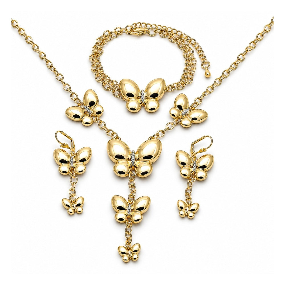 Oro Laminado Necklace, Bracelet, Earring and Ring, Gold Filled Style Butterfly and Rolo Design, with White Crystal, Polished, Golden Finish