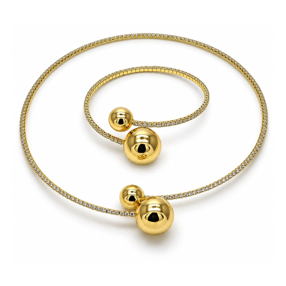 Oro Laminado Necklace and Bracelet, Gold Filled Style Ball Design, with White Cubic Zirconia, Polished, Golden Finish