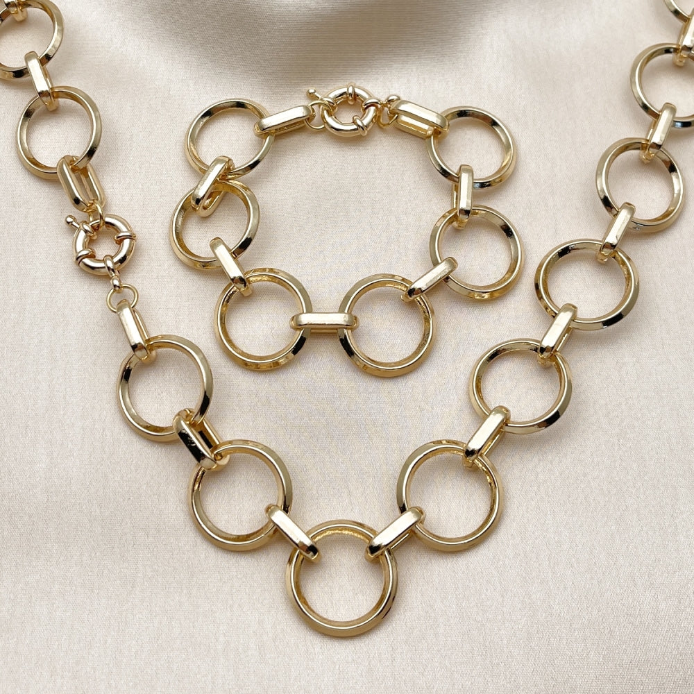 Oro Laminado Necklace and Bracelet, Gold Filled Style Rolo Design, Polished, Golden Finish