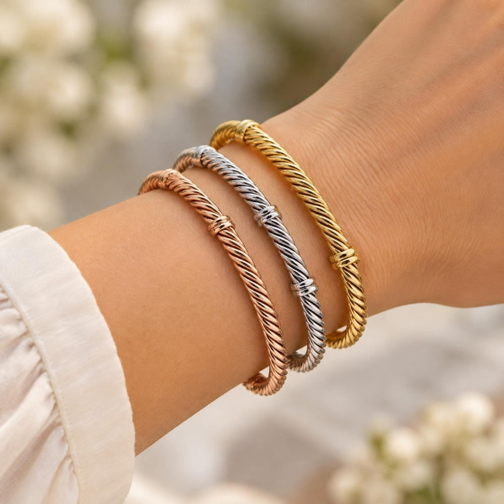 Oro Laminado Trio Bangle, Gold Filled Style Twist Design, Polished, Tricolor