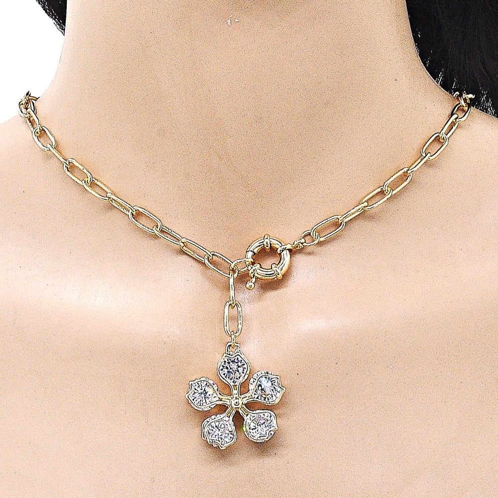 Oro Laminado Pendant Necklace, Gold Filled Style Flower and Rolo Design, with White Cubic Zirconia, Polished, Golden Finish