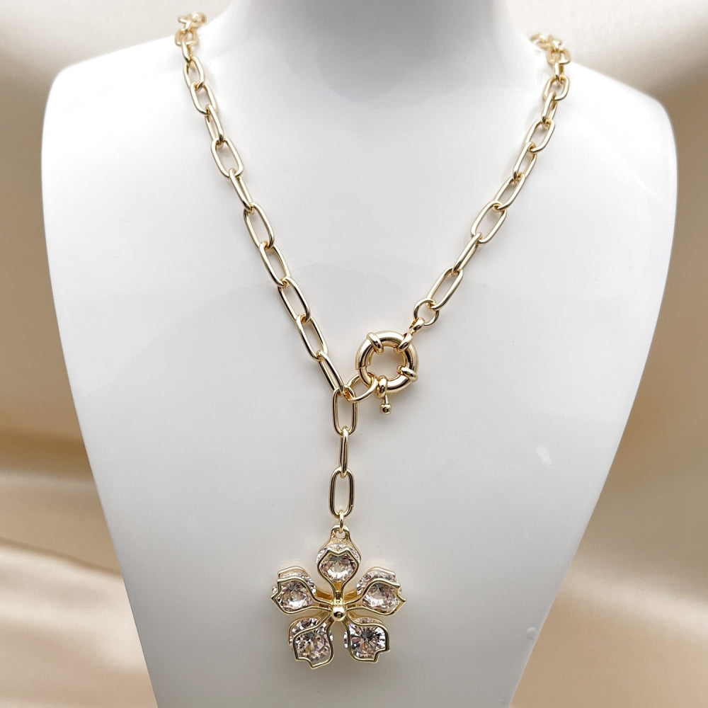 Oro Laminado Pendant Necklace, Gold Filled Style Flower and Rolo Design, with White Cubic Zirconia, Polished, Golden Finish