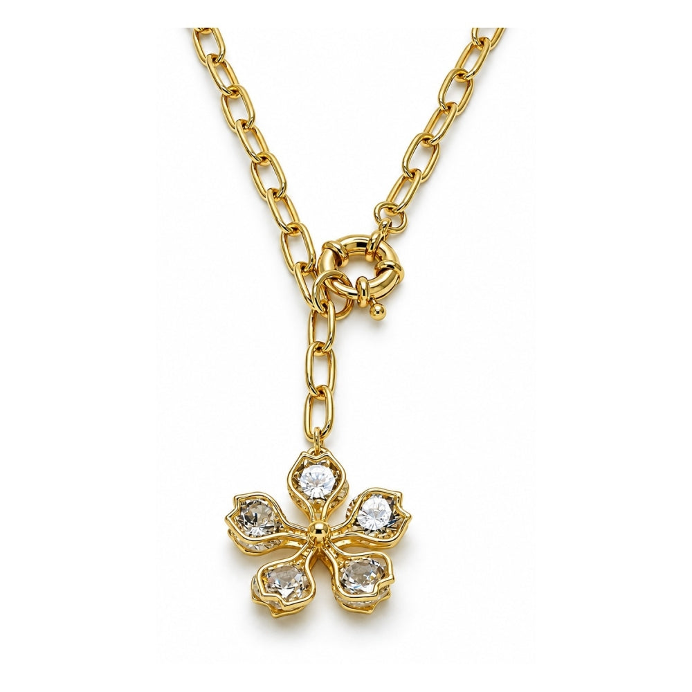 Oro Laminado Pendant Necklace, Gold Filled Style Flower and Rolo Design, with White Cubic Zirconia, Polished, Golden Finish