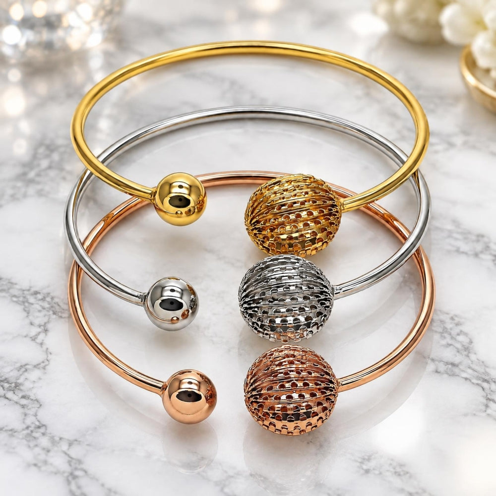 Oro Laminado Trio Bangle, Gold Filled Style Ball Design, Diamond Cutting Finish, Tricolor
