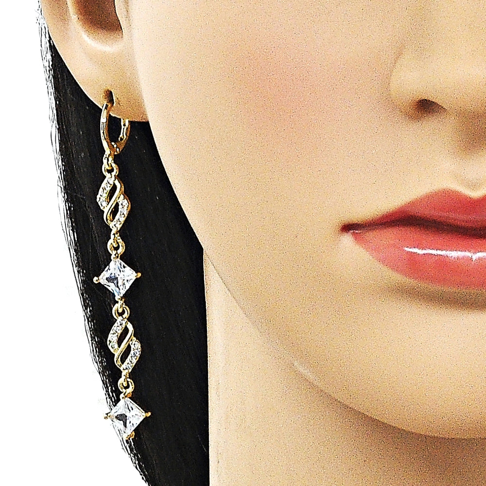 Oro Laminado Long Earring, Gold Filled Style with White Cubic Zirconia, Polished, Golden Finish