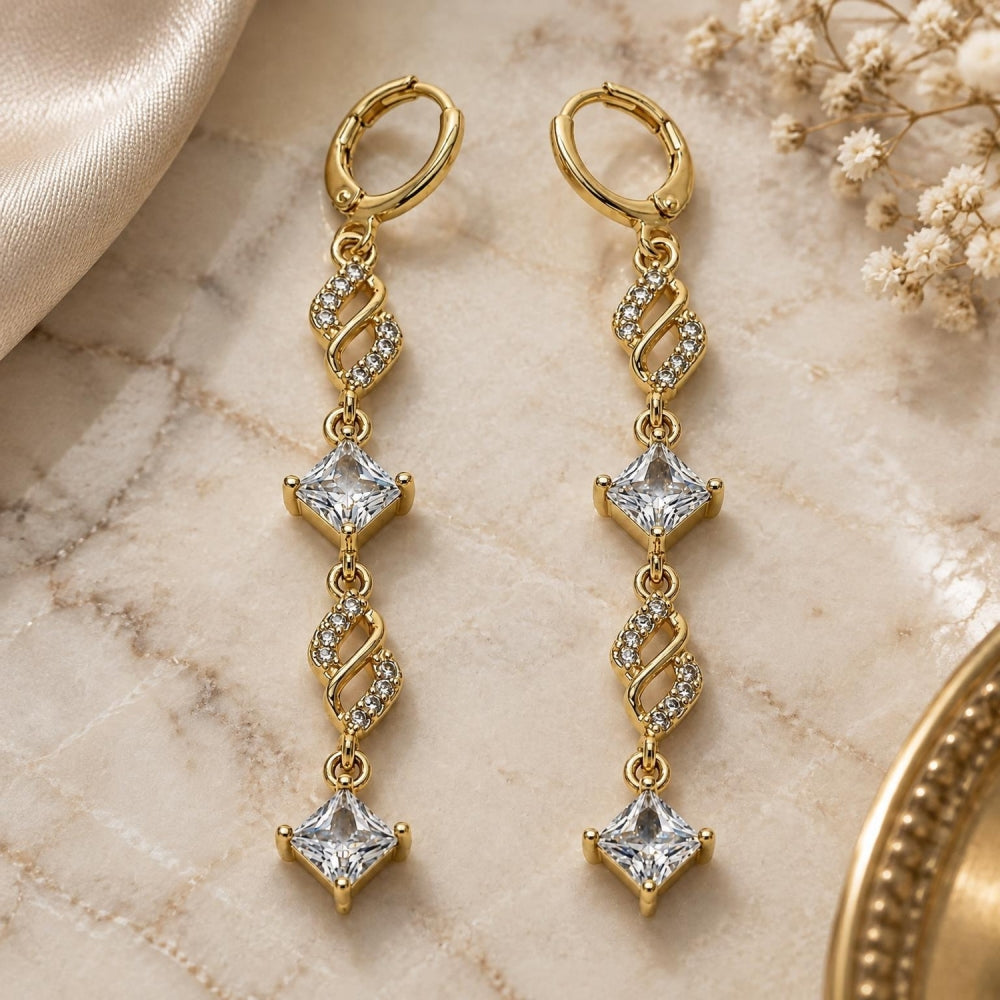 Oro Laminado Long Earring, Gold Filled Style with White Cubic Zirconia, Polished, Golden Finish