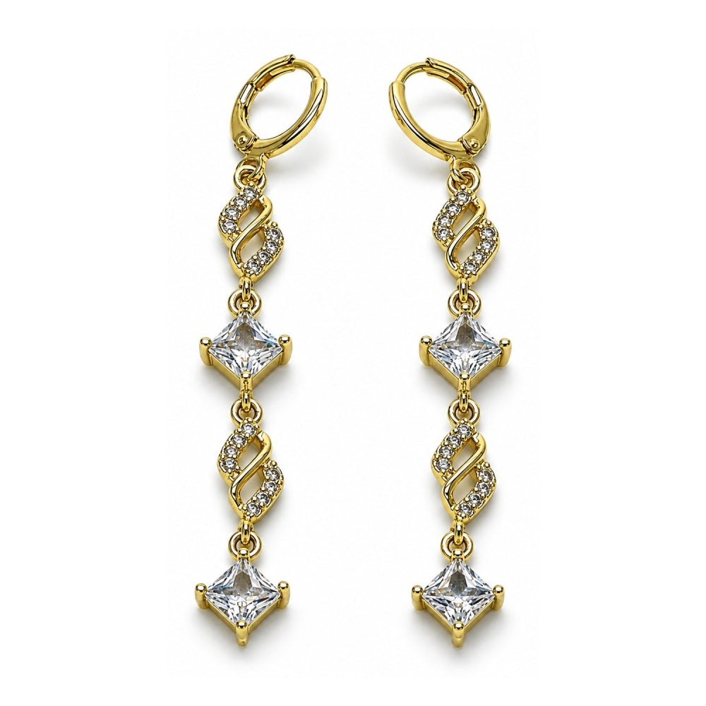 Oro Laminado Long Earring, Gold Filled Style with White Cubic Zirconia, Polished, Golden Finish