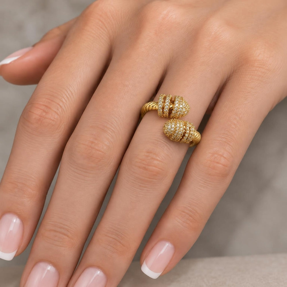 Oro Laminado Multi Stone Ring, Gold Filled Style Twist Design, with White Micro Pave, Polished, Golden Finish