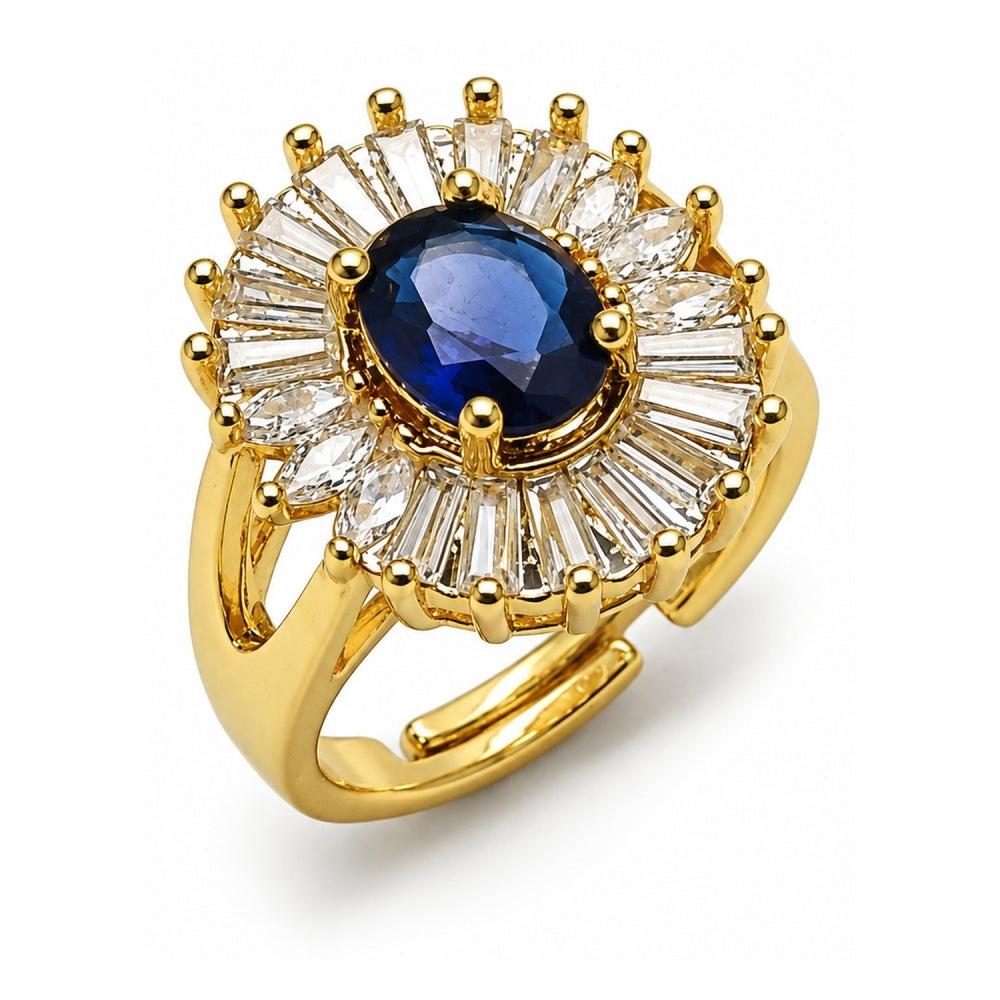 Oro Laminado Multi Stone Ring, Gold Filled Style Baguette and Cluster Design, with Sapphire Blue and White Cubic Zirconia, Polished, Golden Finish