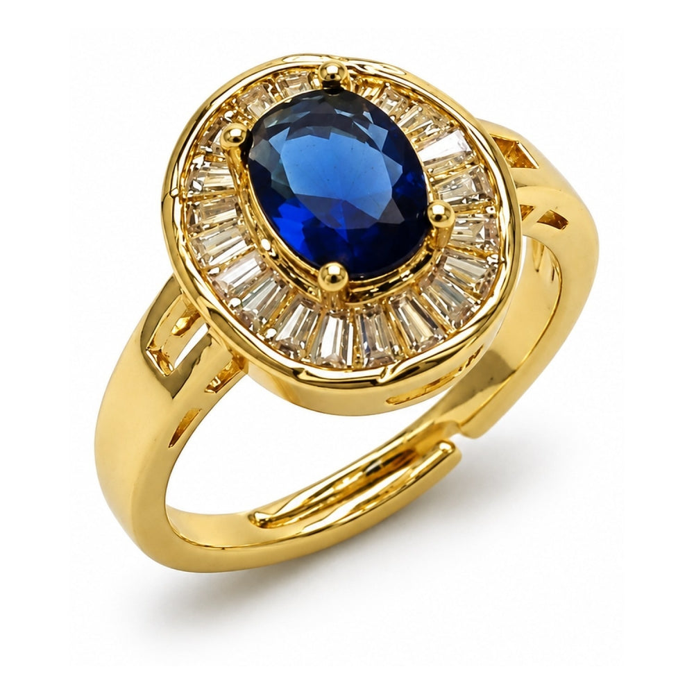 Oro Laminado Multi Stone Ring, Gold Filled Style Baguette and Cluster Design, with Sapphire Blue and White Cubic Zirconia, Polished, Golden Finish