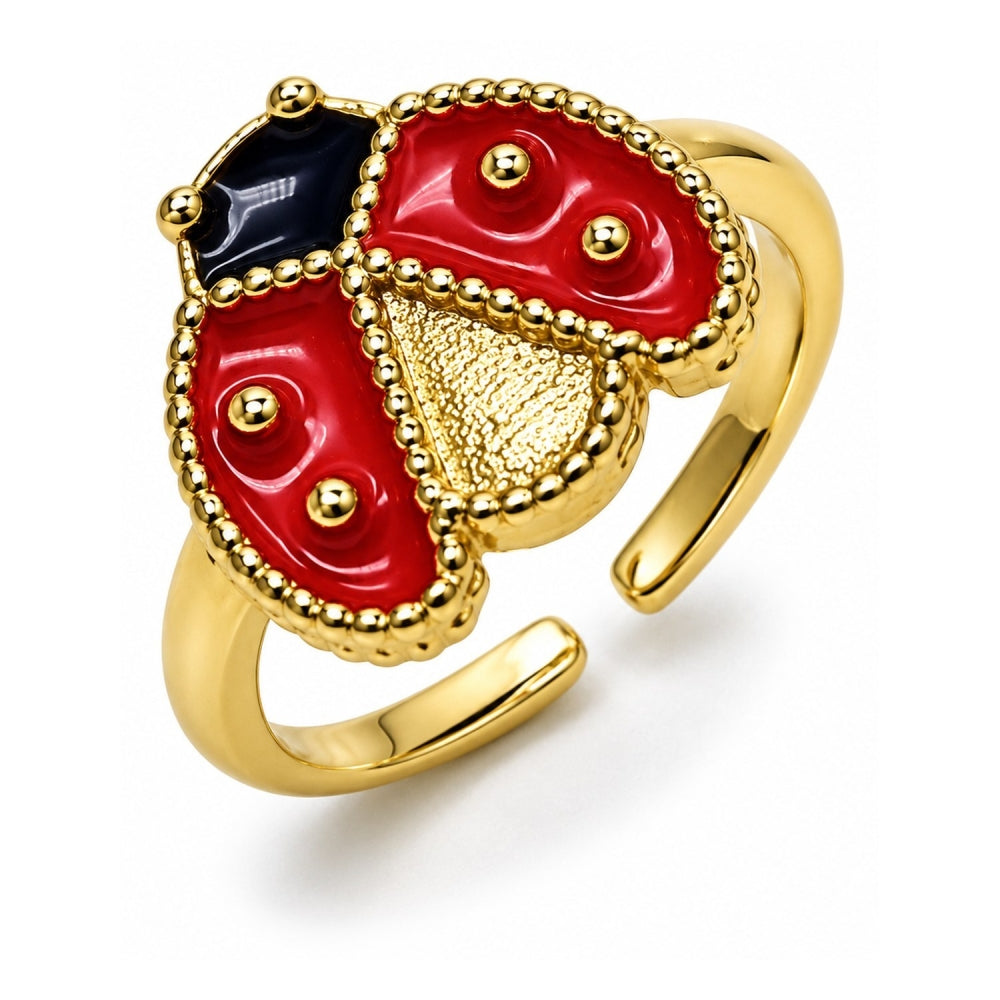 Oro Laminado Elegant Ring, Gold Filled Style Ladybug Design, Red Enamel Finish, Golden Finish