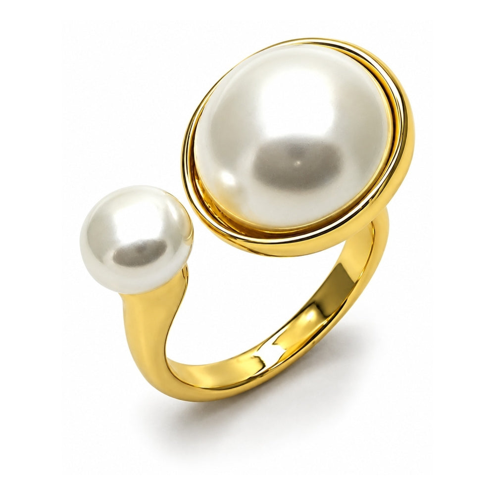 Oro Laminado Multi Stone Ring, Gold Filled Style Ball Design, with Ivory Pearl, Polished, Golden Finish