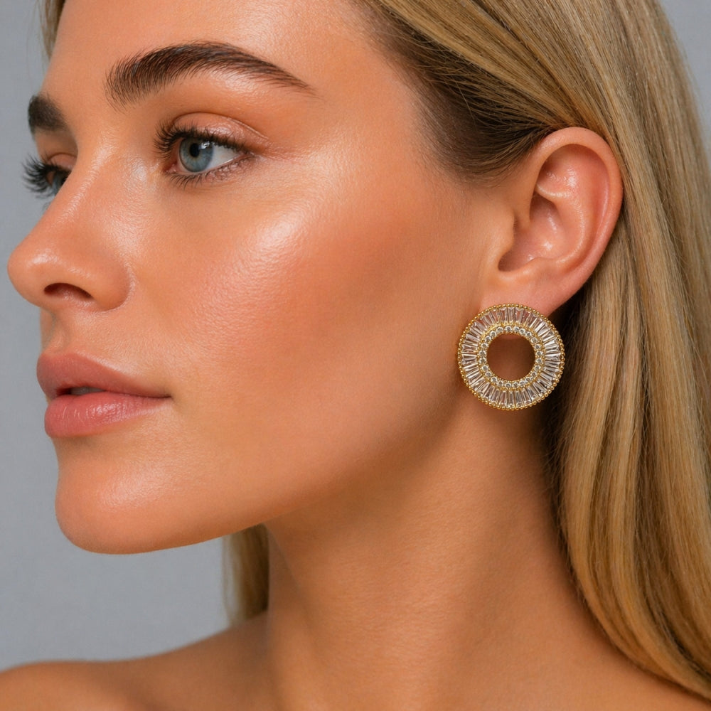 Oro Laminado Stud Earring, Gold Filled Style Baguette Design, with White Cubic Zirconia, Polished, Golden Finish
