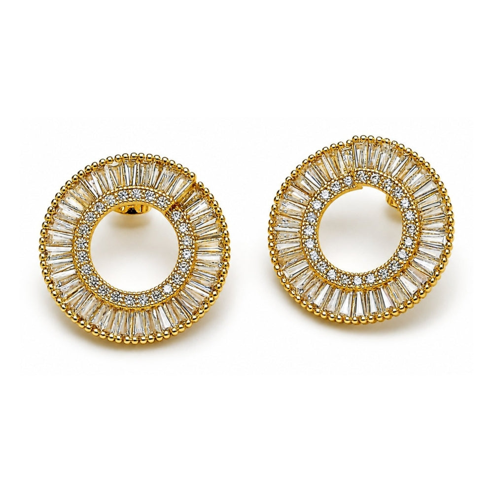 Oro Laminado Stud Earring, Gold Filled Style Baguette Design, with White Cubic Zirconia, Polished, Golden Finish