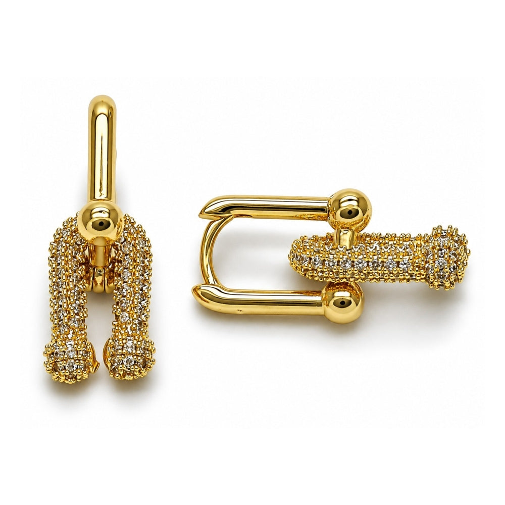 Oro Laminado Long Earring, Gold Filled Style with White Micro Pave, Polished, Golden Finish