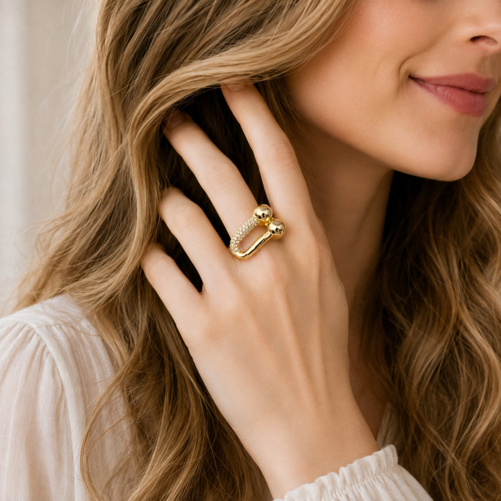 Oro Laminado Multi Stone Ring, Gold Filled Style Oval Bar Design, with White Micro Pave, Polished, Golden Finish