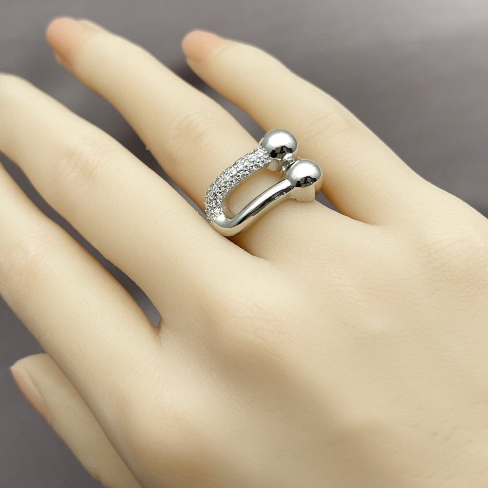 White Gold Filled Multi Stone Ring, Oval Bar Design, with White Micro Pave, Polished, Rhodium Finish