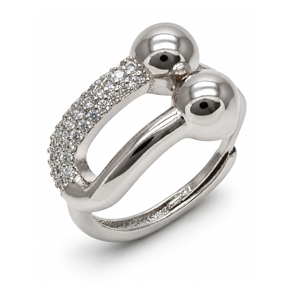 White Gold Filled Multi Stone Ring, Oval Bar Design, with White Micro Pave, Polished, Rhodium Finish