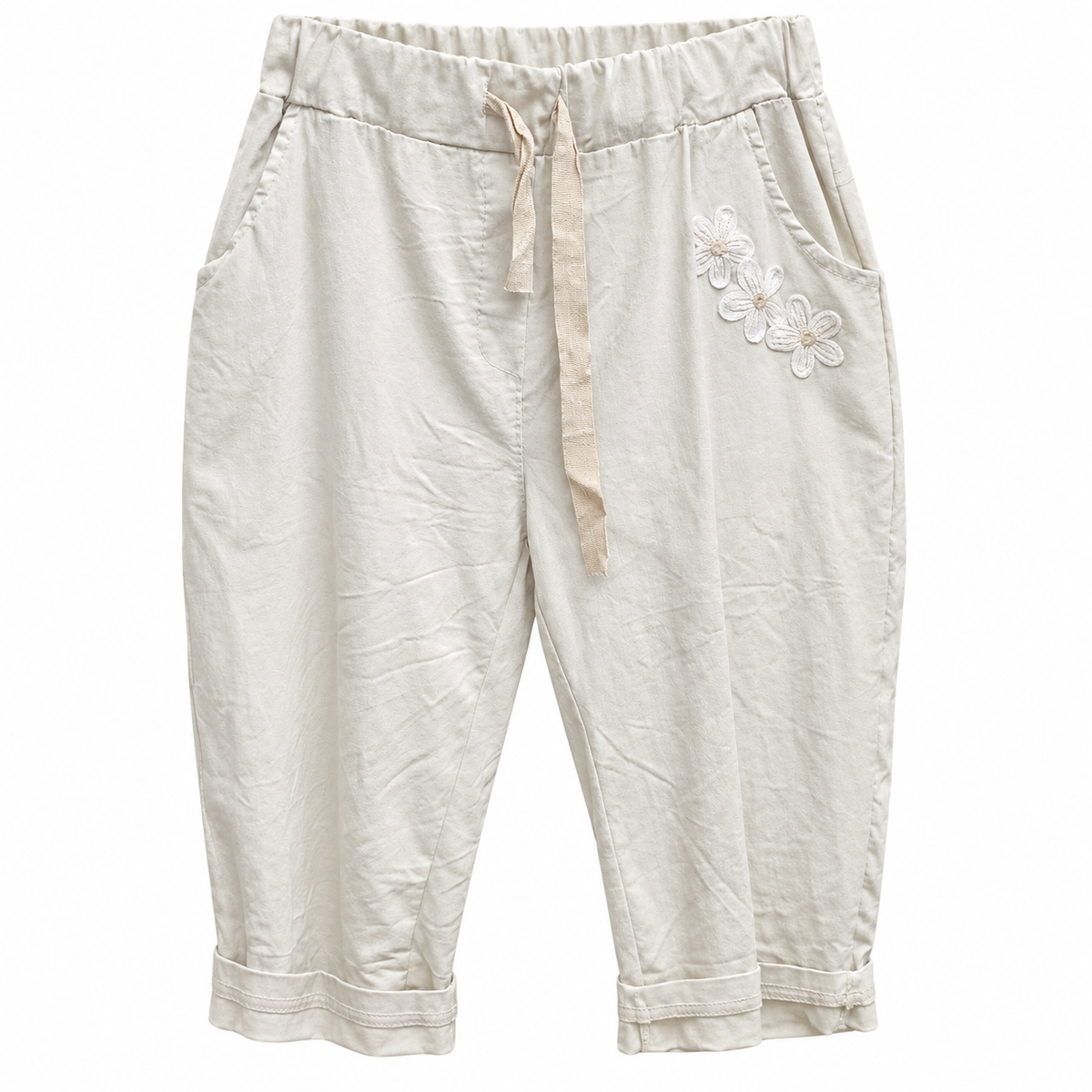 Pantalón Capri Beige con Bordado Floral