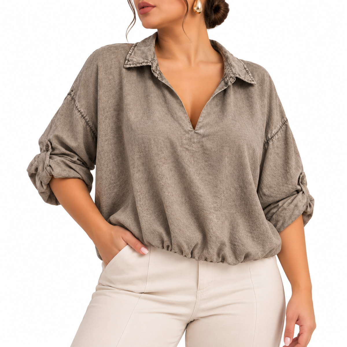 Blusa Oversize Taupe Cuello Camisero