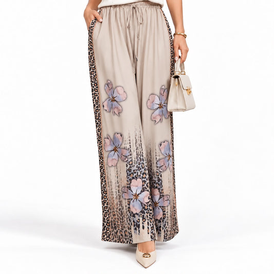 Pantalón Beige Floral con Laterales Animal Print