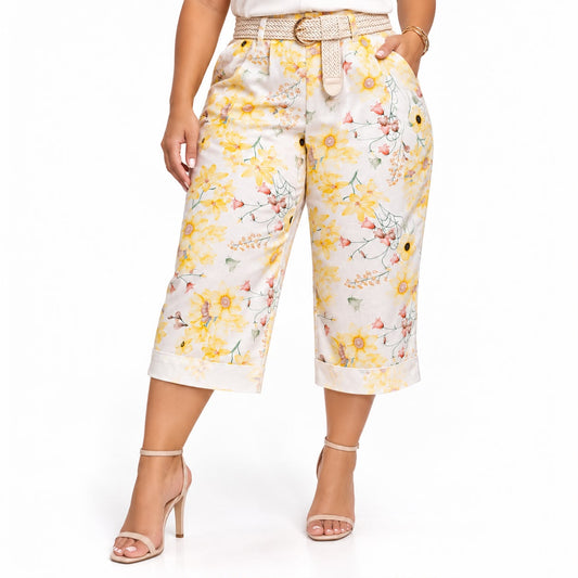 Culotte Floral Amarillo con Cinturón Trenzado