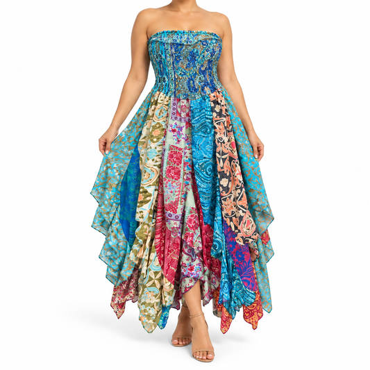 Vestido Maxi Patchwork Turquesa