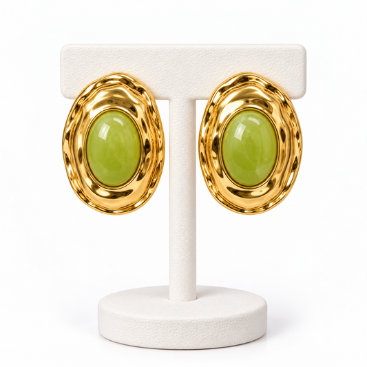 Aretes Piedra Ovalo con Dorado Verde