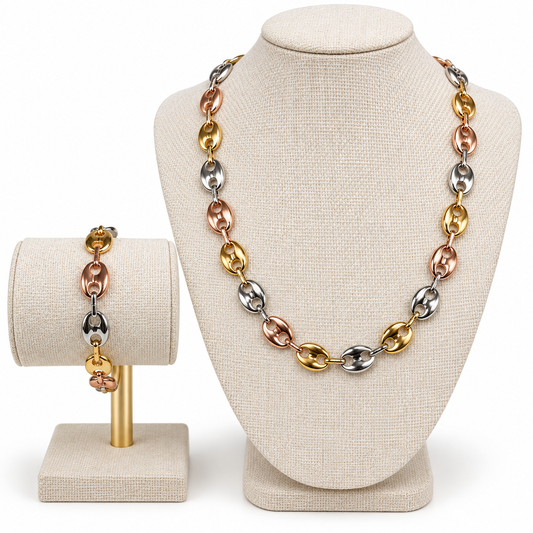 Set de Collar y Pulsera de Eslabones Tricolor